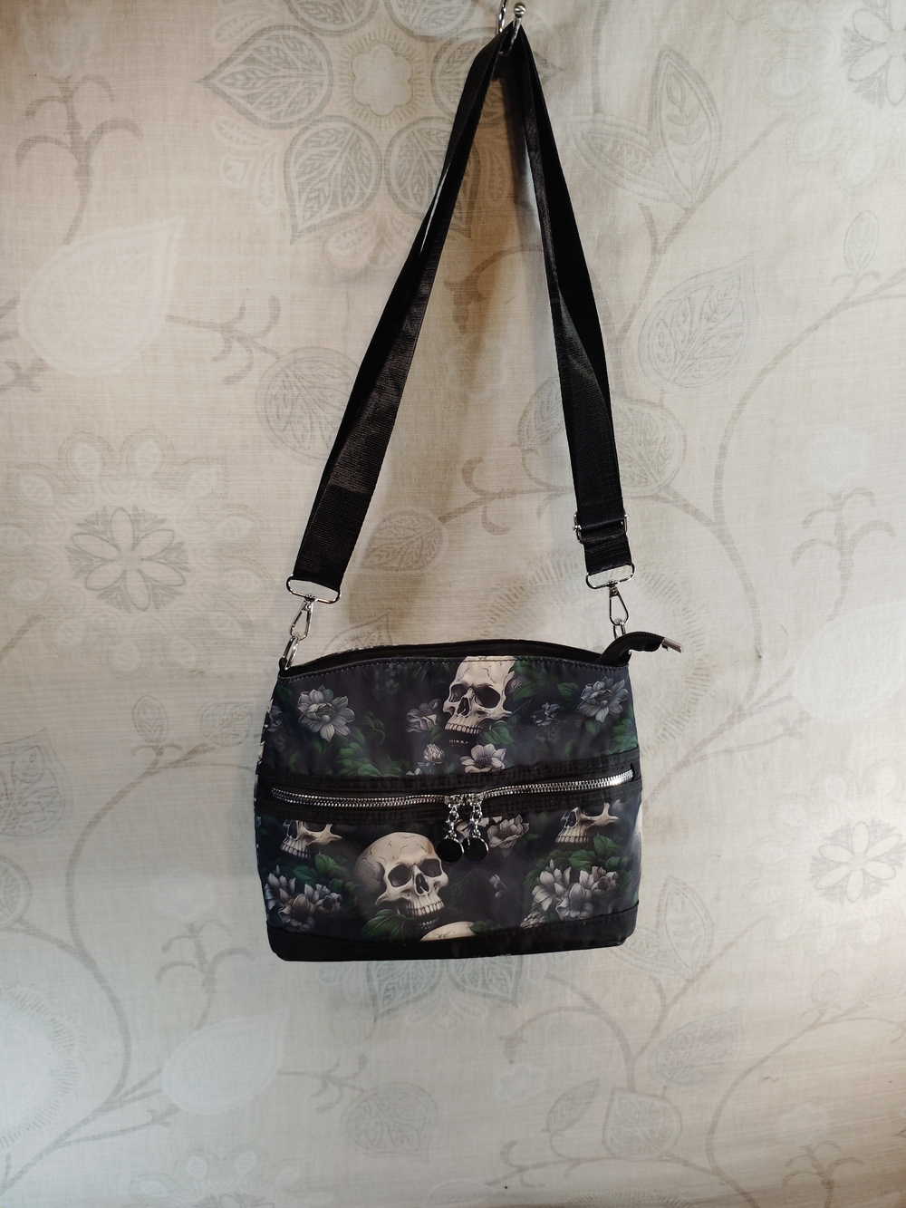 Black Skull Print Crossbody Bag with Floral Accent